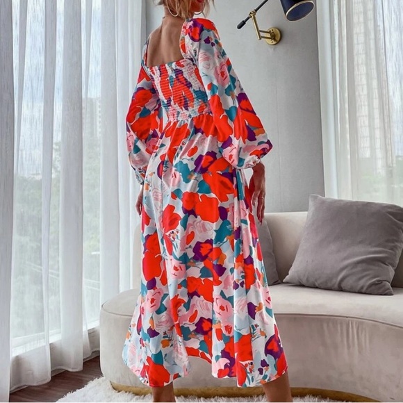 Floral Print Shirred Bishop Sleeve Square Neck A-Line Dress - Picture 2 of 7